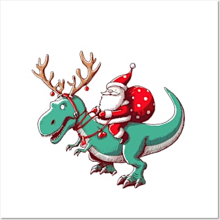 Santa Riding Dinosaur T-Rex Posters and Art